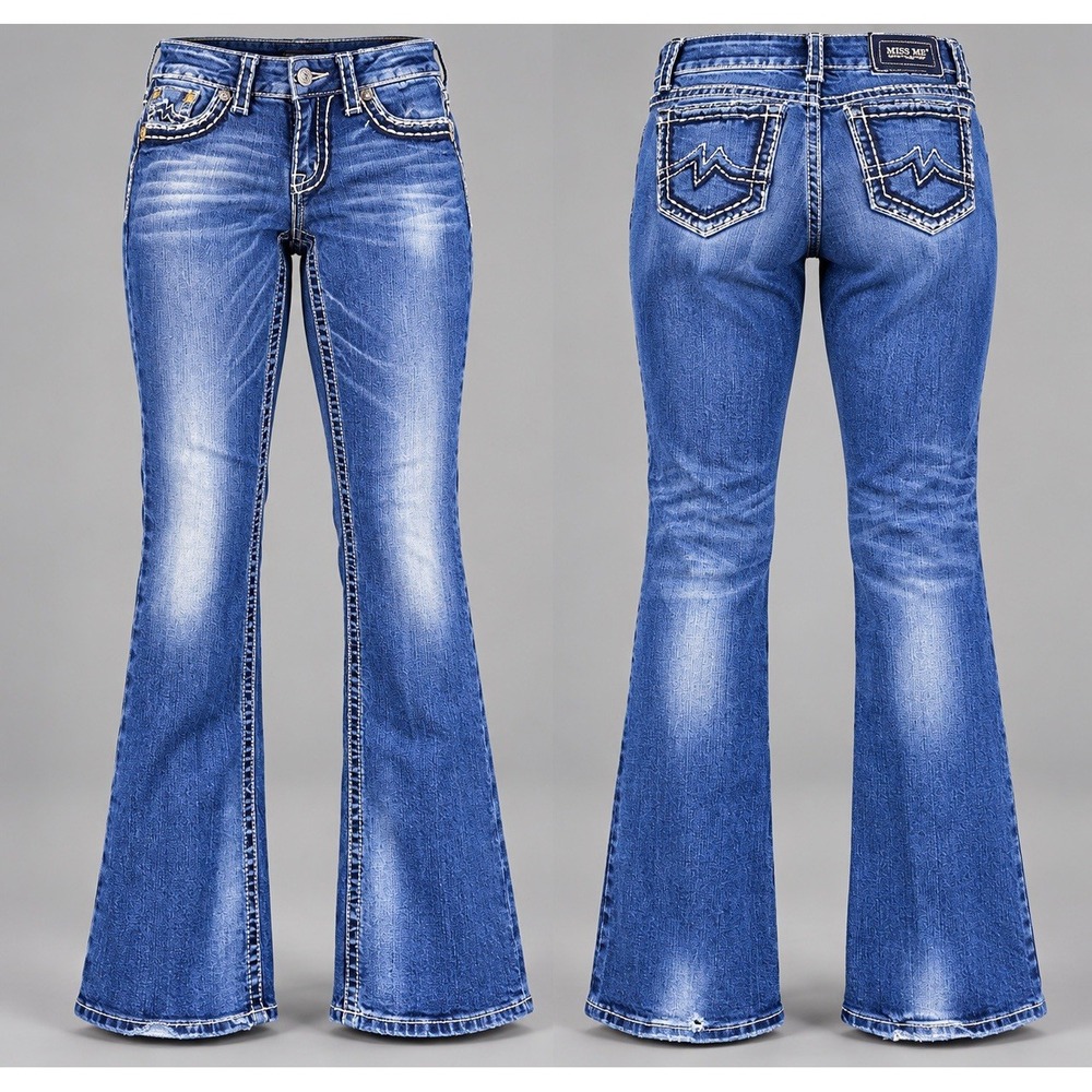Miss Me jean Women 29x32 sunny Boot thick stitch Medium low rise whiskering